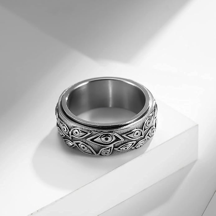 Men's Stainless Steel Eye of God Ring Band All Seeing Eye Spinner Rings Black Silver Vintage Jewelry Size 5 to 14