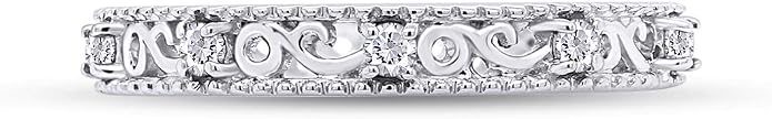 Jewel Zone US Filigree Eternity Wedding Band Ring for Women, Round Cut Simulated Gemstone Stackable Promise Ring in 14K Gold Plated 925 Sterling Silver Band Width 3.5mm – Elegant Jewelry for Her