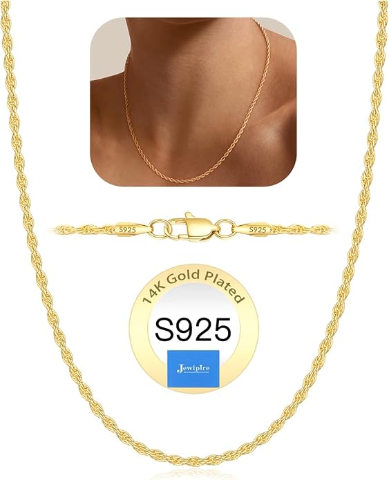 Jewlpire 925 Sterling Silver Plated Rope/Cuban/Paperclip/Herringbone Chain Necklaces for Women, 18K Gold Plated Chain Necklace,Hypoallergenic Women's Chain Necklaces 16+3 Inch