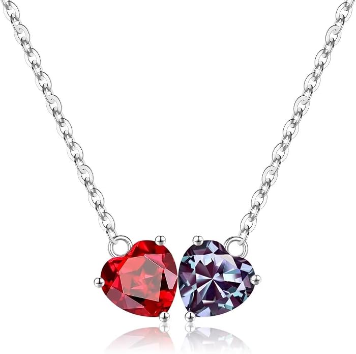 Iefil 1.25Ct Double Heart Birthstone Necklace - 925 Sterling Silver Birthstone Necklace, Birthday Gifts for Women, Jewelry Gifts for Mom Daughter Wife