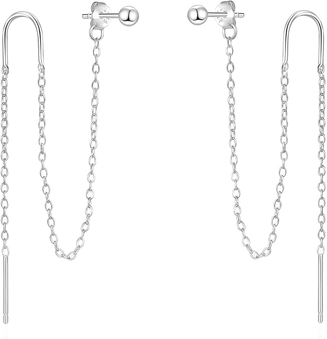 Sterling Silver Threader Chain Earrings for Women Girls Long Chains Tassel Dangle Drop Double Piercing Studs Earring Hypoallergenic Cute Birthday Holiday Travel Accessories Jewelry Gifts