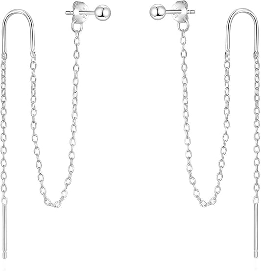 Sterling Silver Threader Chain Earrings for Women Girls Long Chains Tassel Dangle Drop Double Piercing Studs Earring Hypoallergenic Cute Birthday Holiday Travel Accessories Jewelry Gifts