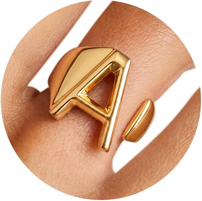 KeyStyle Bold Initial Letter Rings Adjustable, GoldChic Jewelry Women Gold Statement Ring Personalized Engraved Women’s Open Signet Ring for Party (Gold, White Gold, Black)