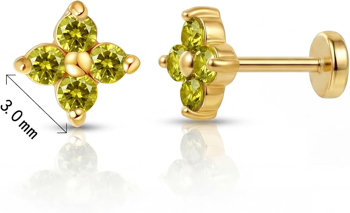 FANSING Short Threadless Cartilage Earring Stackable CZ Birthstone Flat Back Earrings for Women Small Stud Earrings for Tragus Helix Earlobe 18K Gold Plated ‌Rainbow 5.0mm