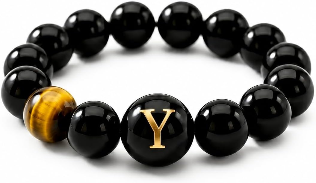 Initial Ring for Women, Black Onyx Beaded Stretch Letter Ring | Personalized-style A-Z initial ring with black onyx beads, shell letter bead, stretch fit, and gift-ready box