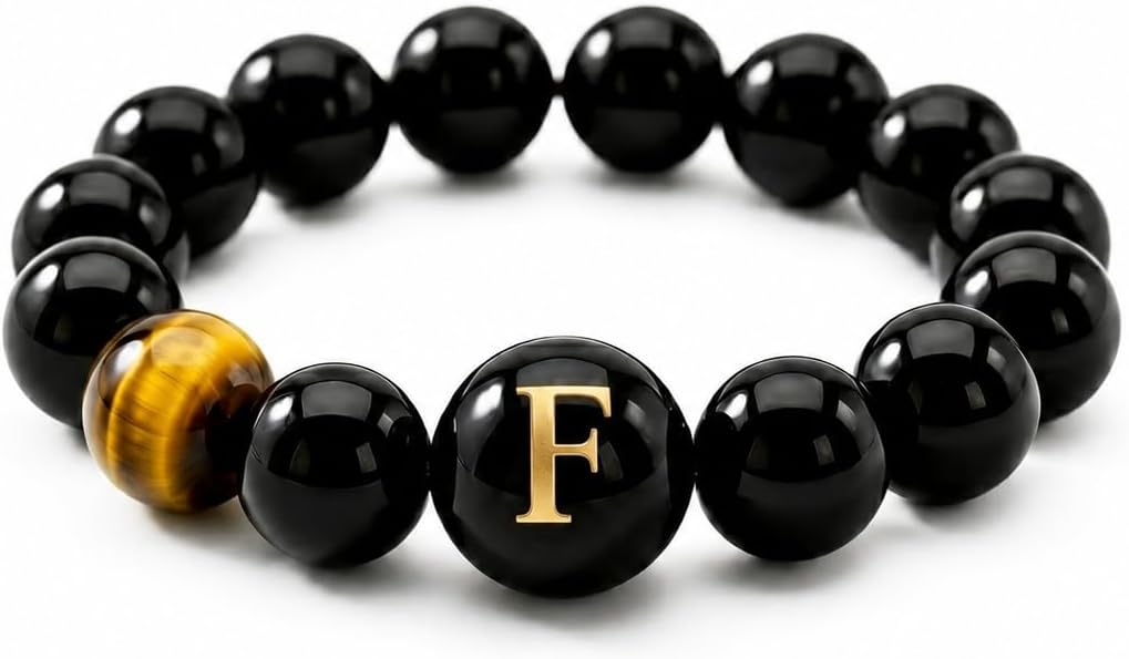 Initial Ring for Women, Black Onyx Beaded Stretch Letter Ring | Personalized-style A-Z initial ring with black onyx beads, shell letter bead, stretch fit, and gift-ready box