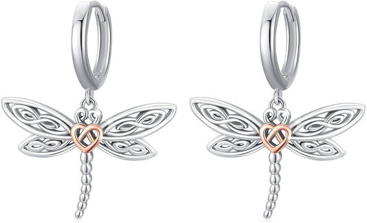 Dragonfly Leverback Hoop Hook Earrings 925 Sterling Silver Celtic Dangle Drop Earrings Dragonfly Huggie Earrings Dragonfly Jewelry Gifts for Women