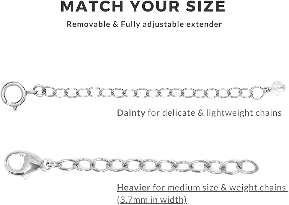Necklace Bracelet Extender for Women Men - 14K Gold Filled or Solid 925 Sterling Silver Extension, Medium Size Jewelry Chain Durable Strong Removable 2" 4" or 6" Made in USA (Single Piece)