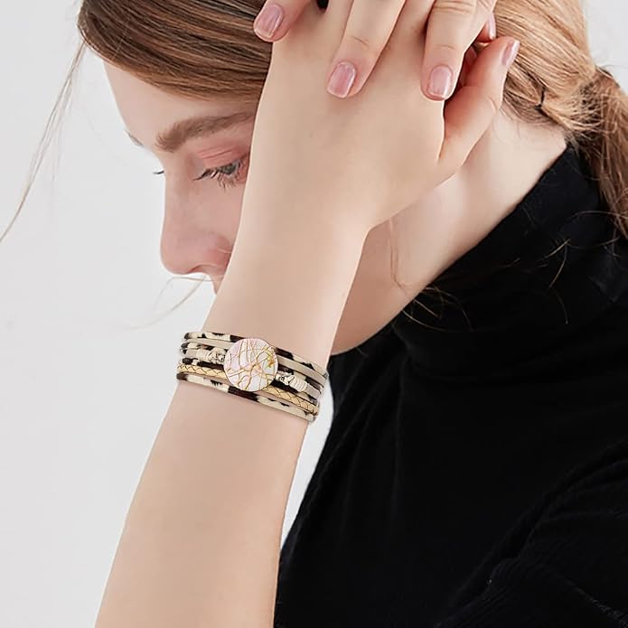 Wowanoo 3Pack Leather Cuff Bracelet Set Multilayer Wrap Bracelet Crystal Feather Tree Bracelet Magnetic Clasp Bracelet for Women