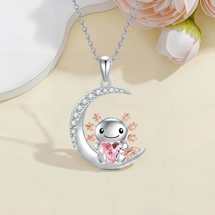 PROESS Animal Birthstone Necklace 925 Sterling Silver Otter/Axolotl/Hippo/Elephant/Dachshund/Monkey/Red Panda Pendant Necklace Animal Birthstone Jewelry Gifts for Women