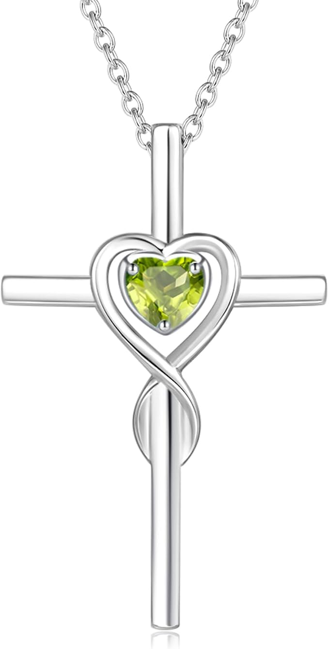 FANCIME Birthstone Cross Necklace for Women Birthstone Necklace Heart Infinity Cross Pendant Necklace Fine Jewelry Christmas Birthday Holiday Gifts for Her, 16"+2" Inches
