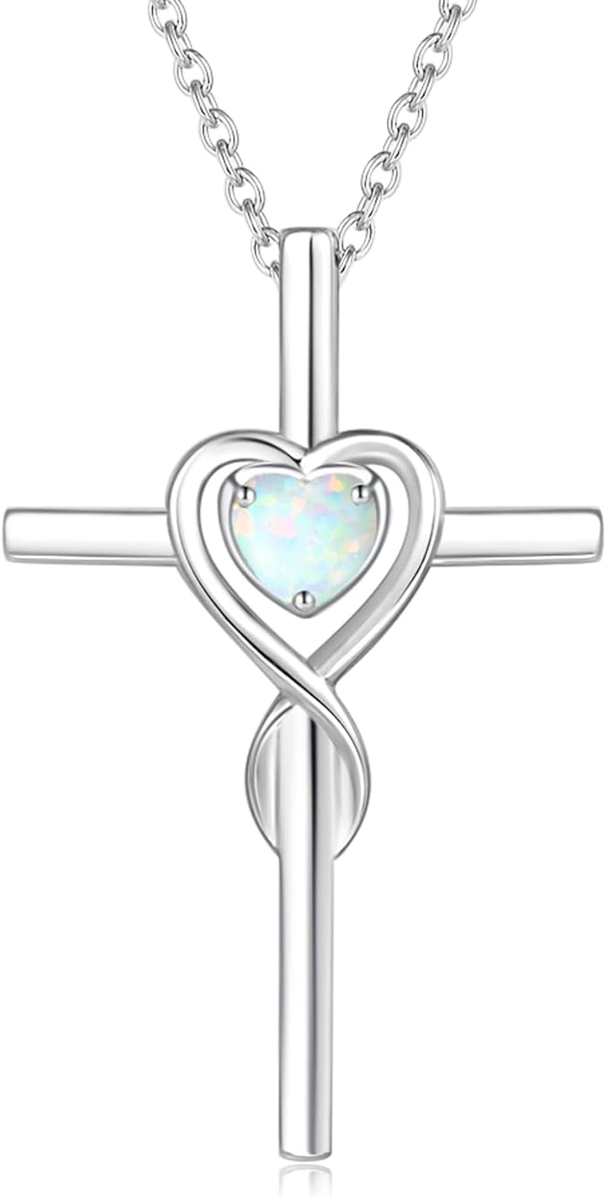 FANCIME Birthstone Cross Necklace for Women Birthstone Necklace Heart Infinity Cross Pendant Necklace Fine Jewelry Christmas Birthday Holiday Gifts for Her, 16"+2" Inches