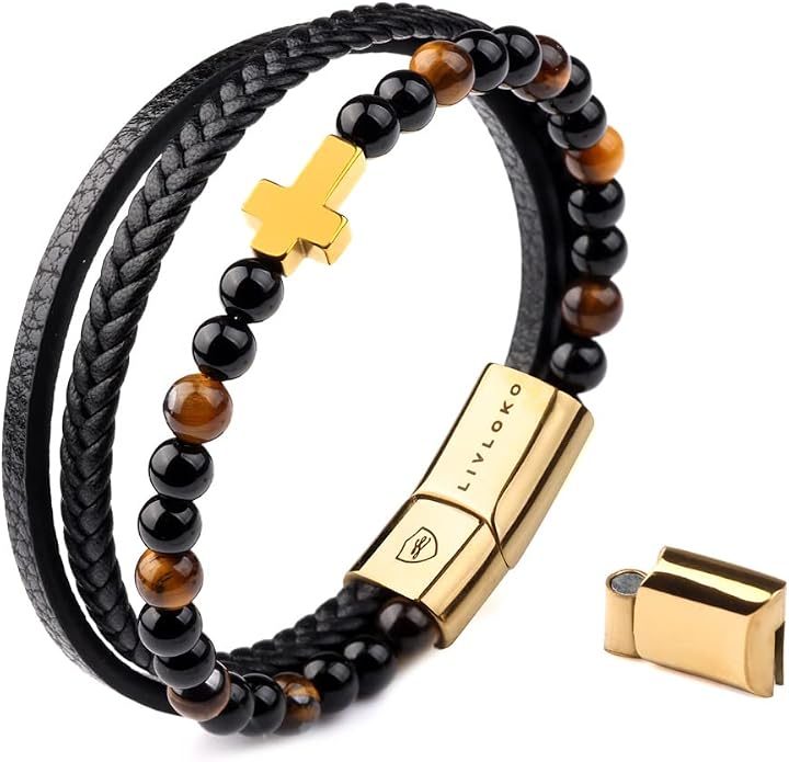 LONDON Mens Bracelet Leather Black Multi-Layer Stone Beads Adjustable Steel Clasp Viking Rope Bands Surfer Man Wristband Male UK Jewellery Gift box Boyfriend Dad Son Brother Tiger Eye