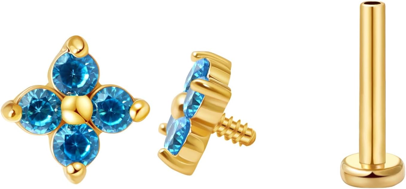 FANSING CZ Flower Internally Threaded Flat Back Earring Labret Stud for Cartilage Tragus Helix Conch