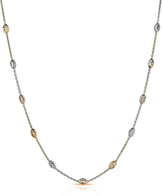 Savlano 18K Gold Plated Over 925 Sterling Silver Station Oval Moon Bead Necklace Chain For Women. Silver, Gold, Rose Gold - Made in Italy Comes With a Gift Box