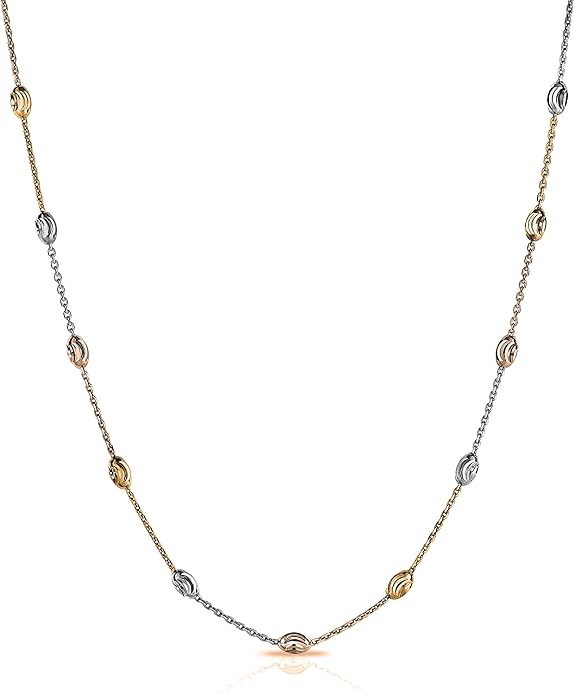Savlano 18K Gold Plated Over 925 Sterling Silver Station Oval Moon Bead Necklace Chain For Women. Silver, Gold, Rose Gold - Made in Italy Comes With a Gift Box