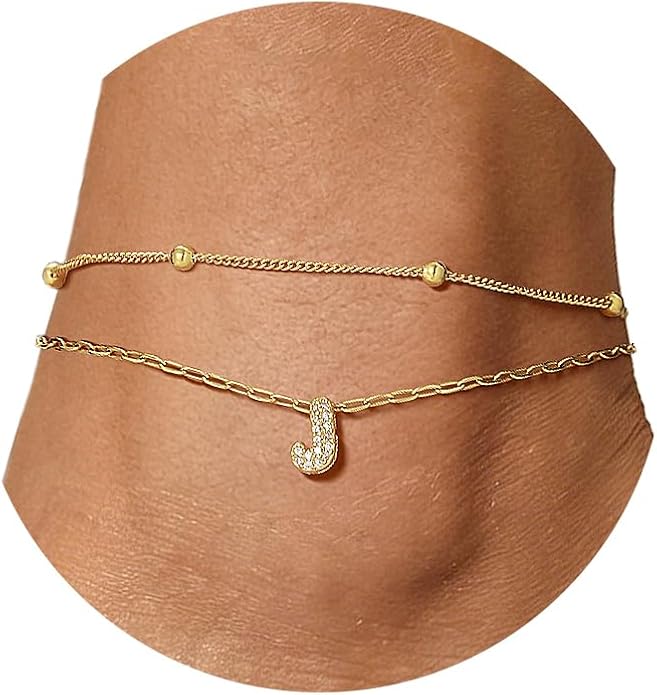 FindChic Silver/14K Gold Plated Layered CZ Initial Ankle Bracelet for Women | Waterproof Stainless Steel, Cubic Zirconia Letter Charm, Non-Tarnish, Hypoallergenic, Adjustable Extender, Summer Jewelry