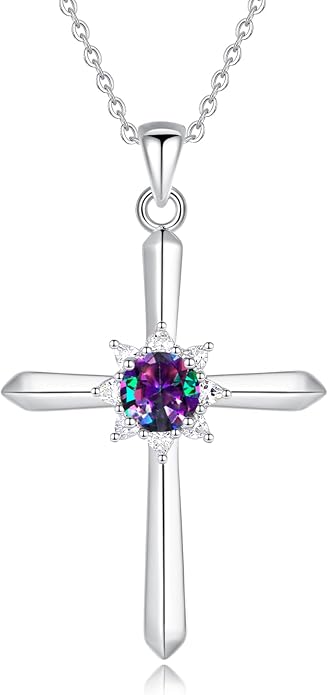 FANCIME Birthstone Cross Necklace for Women Sterling Silver Birthstone Necklace Halo Infinity Cross Pendant Necklace Fine Jewelry Valentines Day Gifts Birthday Holiday Gifts for Her, 16"+2" Inches