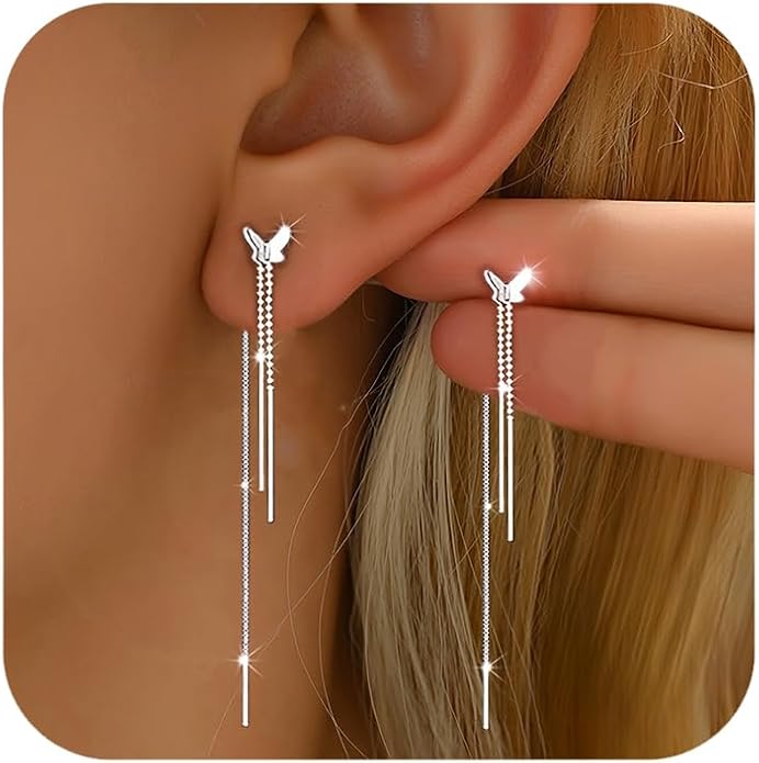 925 Sterling Silver Tassel Chain Dangle Earrings for Women Sparkling Long Fringe Dangle Drop Earrings Bling Line Minimalist Wedding Studs Earring Jewelry Birthday Christmas Gifts for Her