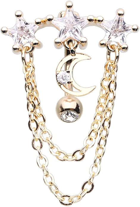 Pierced Owl - 14GA Stainless Steel CZ Crystal Dangling Chains Celestial Top Drop Reverse Belly Button Ring