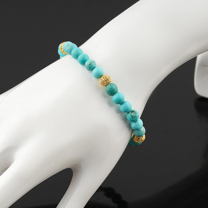 AAA Grade Natural Gemstone Beaded Bracelet, 14K Gold Plated with Evil Charm, Wicca & Reiki Healing Crystals, Handmade Bohemian Jewelry, Christmas Gift for Women (7+1inch)