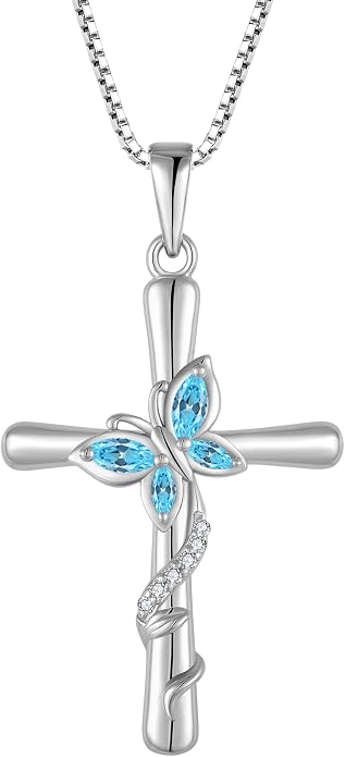 Cross Necklace for Women 925 Sterling Silver Butterfly Necklace Birthstone Pendant Created Gemstone Jewelry Gifts for Women