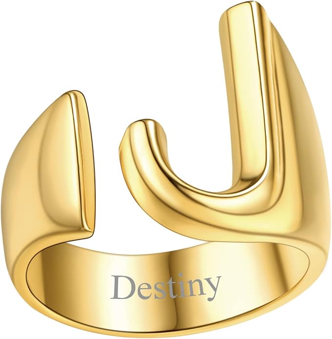 FindChic Customizable Initial Ring Statement 18K Gold Plated Fashion Cuff Rings for Women Alphabet Letter A to Z Resizable Knuckle Ring (with Gift Box)