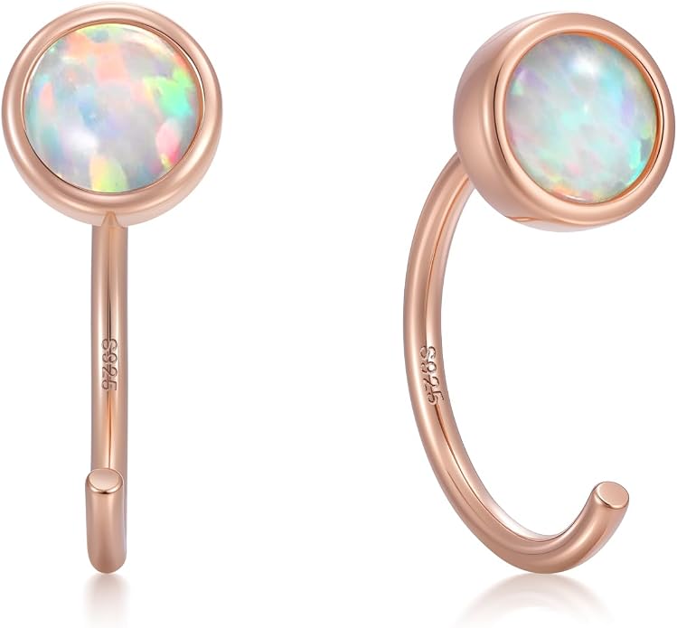 CHIC & ARTSY 925 Sterling Silver Half Hoop Earrings for Women, Dainty Huggie Hoops with Synthetic Opal, Moonstone, CZ & Gemstones, Lightweight Comfort Fit Everyday Elegant Jewelry