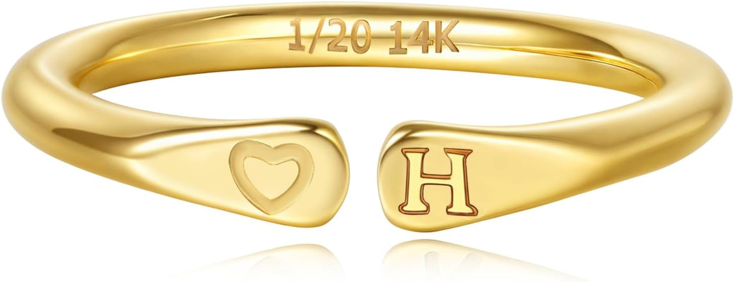 14k Gold Filled Hand Carving Initial Rings for Women Non Tarnish Wedding Heart Shaped Bands for Women