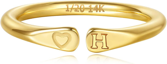 14k Gold Filled Hand Carving Initial Rings for Women Non Tarnish Wedding Heart Shaped Bands for Women