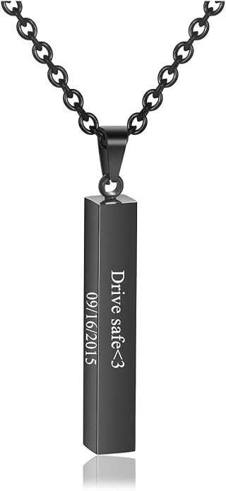 Zysta Engraving 3D Bar Name Necklace Personalized Text Message Cool Simple Design Women Customized Dangle Vertical Cuboid Stick Pendant Necklaces Stainless Steel Birthday Gift