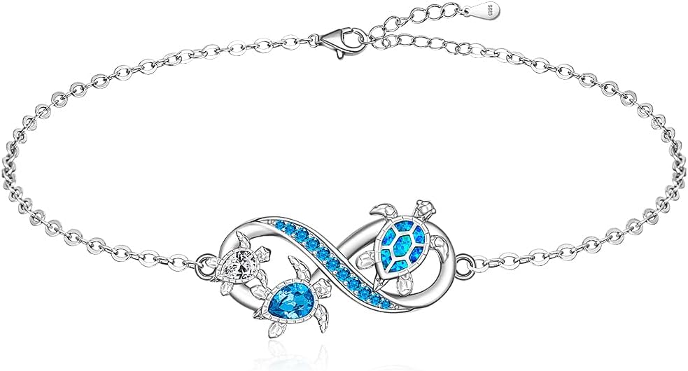 Fenthring Turtle Anklet S925 Sterling Silver Blue Opal Sea Turtle Ankle Bracelets for Women Infinity Wave Ocean Beach Summer Foot Bracelet Jewelry Layered Adjustable