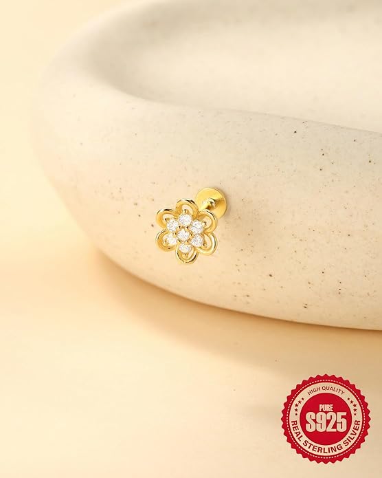 925 Sterling Silver Flower Cartilage Earring for Women 14K Gold Plated Flat Back Helix Tragus Conch Stud Internally Threaded Dainty CZ Floral Labret Piercing Jewelry