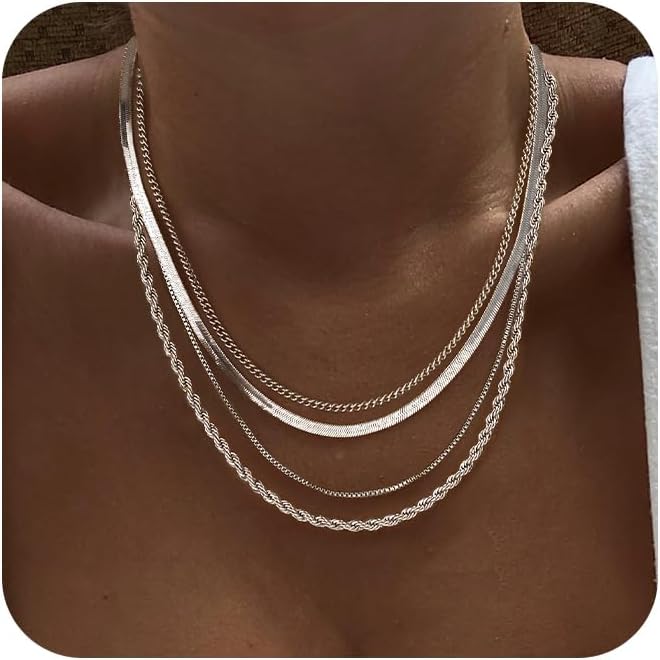 Tewiky Layered Necklaces for Women Non Tarnish- Chunky 14k Gold Plated Herringbone/Snake/Rope/Box/Cuban Link Chain for Women Waterproof Layering Stack Choker Necklace Trendy Dainty Tarnish Free Jewelry Set