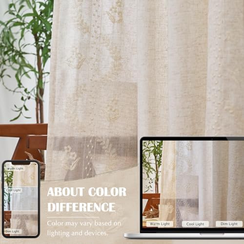 jinchan Floral Linen Curtains 108 Inch Farmhouse Back Tab 2 Panels Ivory | Embroidered curtains,boho curtains,living room,bedroom,light filtering,privacy,flower patterned drapes,window treatment