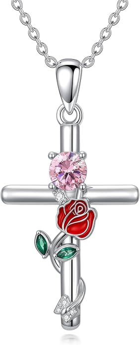 Birthstone Cross Necklace 925 Sterling Silver Rose with Butterfly Birthstone Cross Pendant Necklace Jewelry Gifts for Women Birthday Christmas
