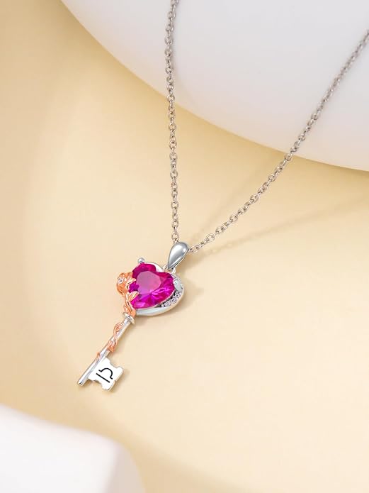 OCJ Zodiac Necklace for Women 925 Sterling Silver Rose Flower Key Pendant Necklaces Zodiac Birthstone Jewelry Wife Birthday Anniversary Christmas Gifts for Her