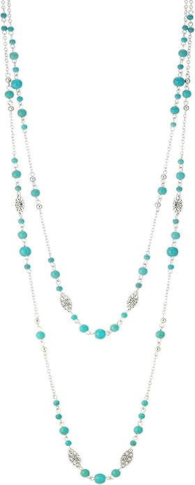 Long Beaded Silver Necklaces for Women Layered Long Statement Necklace with Stone Pearl Beads Double Sweater Chain Costume Jewelry for Women