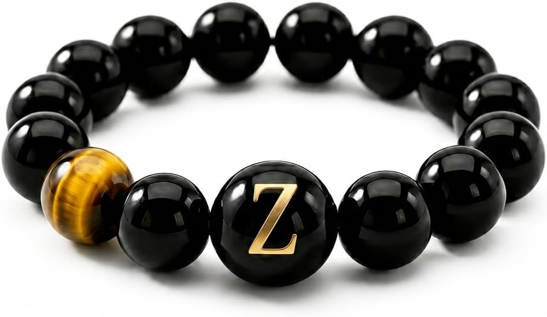 Initial Ring for Women, Black Onyx Beaded Stretch Letter Ring | Personalized-style A-Z initial ring with black onyx beads, shell letter bead, stretch fit, and gift-ready box