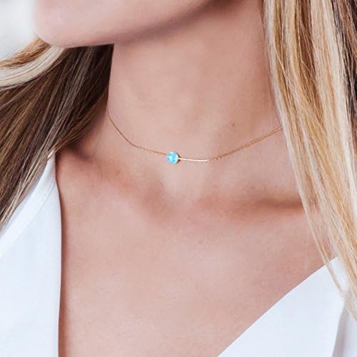 Opal Bead Choker Necklace – Rose and Gold Filled or Sterling Silver, Blue or White Opal Ball, Dainty Minimalist Jewelry 13.5"-16.5"