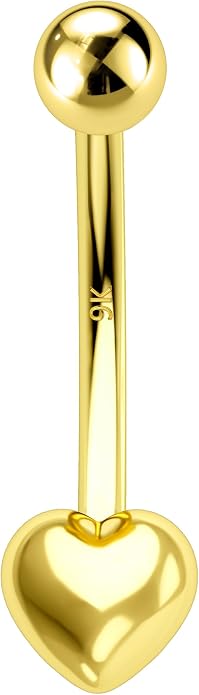 Melighting 9K Solid Gold Belly Button Ring With Heart and Clear CZ - 14G Navel Piercing Jewelry for Women