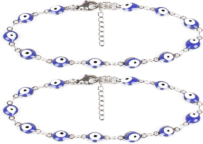 2 Pcs Evil Eye Anklet Bracelets for Women Men,18K Gold Plated Stainless Steel, Handmade Adjustable Amulet, Evil Eyes Jewelry for Family Best Friends