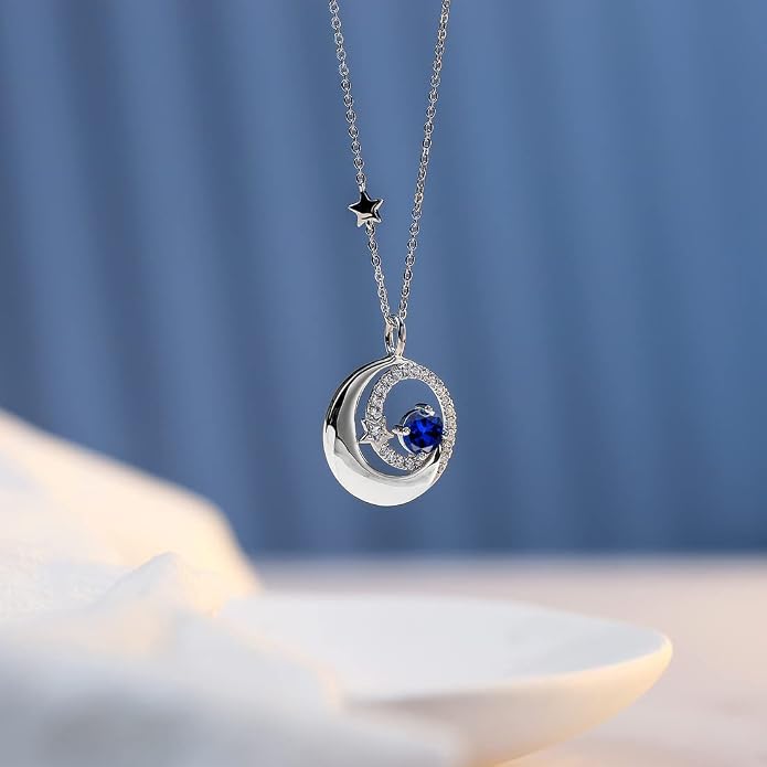 FANCIME Birthstone Necklaces 925 Sterling Silver Moon and Star Pendant Fine Jewelry Birthday Mothers Day Gifts for Mom Wife Her Daughter, Adjustable Chain 16+2"