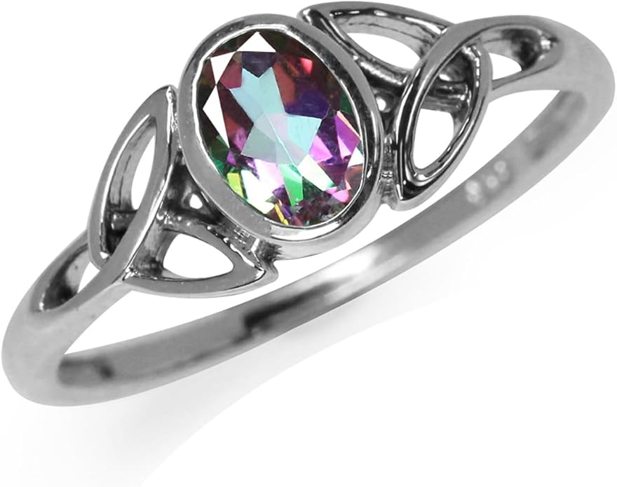 Silvershake 7x5MM Oval Shape Birthstone Gemstone White Gold Plated or 18K Yellow Gold Plated 925 Sterling Silver Triquetra Trinity Celtic Knot Solitaire Ring Jewelry for Women