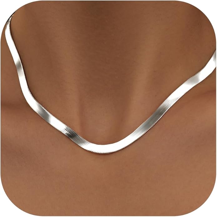 WomenGifts 14K Gold Silver Plated Herringbone Necklace for Women, Dainty Snake Chain Choker, Trendy Simple Long Layered Jewelry Non Tarnish, 3/4/5/8mm,14,16,18,20,22,24,26 Inch Thin & Chunky Options