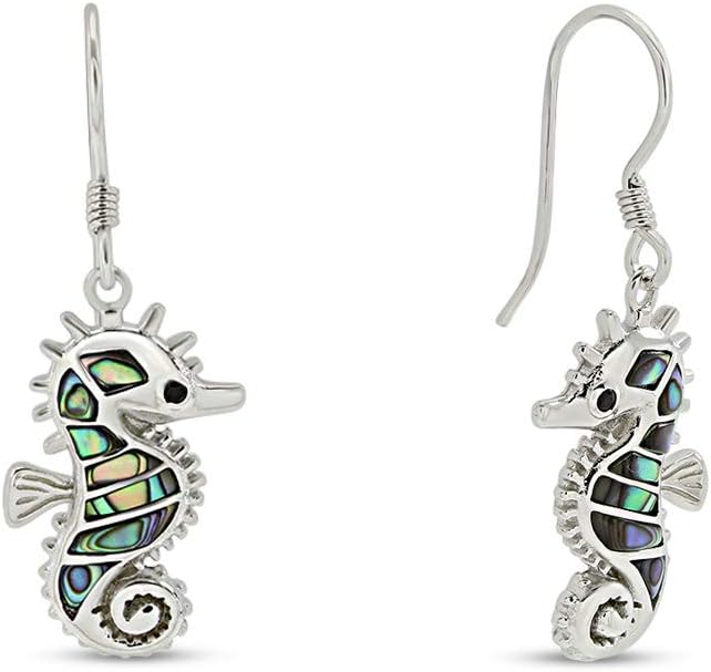 Abalone Shell Animal Dangle Earrings for Women (Kiwi Bird, Cat, Seahorse) in 14K White Gold Over 925 Sterling Silver, Iridescent Fishhook Drop Jewelry Gift