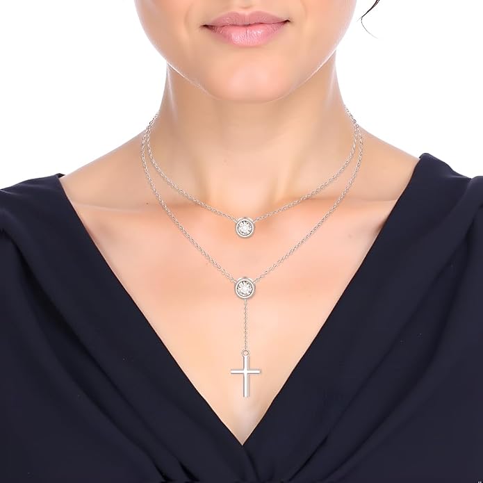 Layered Necklaces for Women S925 Sterling Silver 14k Gold Plated Cross Jesus Tulip Birth Month Flower Necklace Pendant Jewelry Mothers Day Birthday Gifts