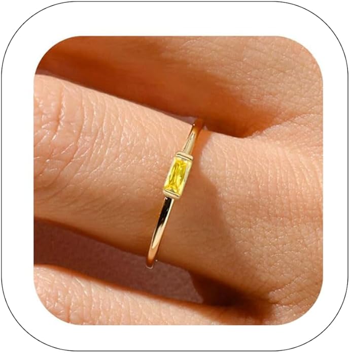 RLMOON Birthstone Rings for Women Non Tarnish Gold Stackable Rings Dainty 14K Gold/Silver Plated Baguette CZ Emerald Green Pinky Ring Personalized Jewelry Gift for Birthday Size 4-10