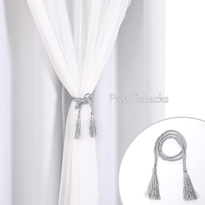Blackout Curtains 52W x 84L Set of 2 - Greyish White Double Layer Voile Sheer with Lace Hem for Bedroom Living Room
