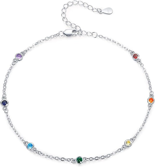 MEDWISE Sterling Silver Chakra Anklet 7 Chakra Beach Anklet Bracelet Link Chain Ankle Bracelet Gift for Women